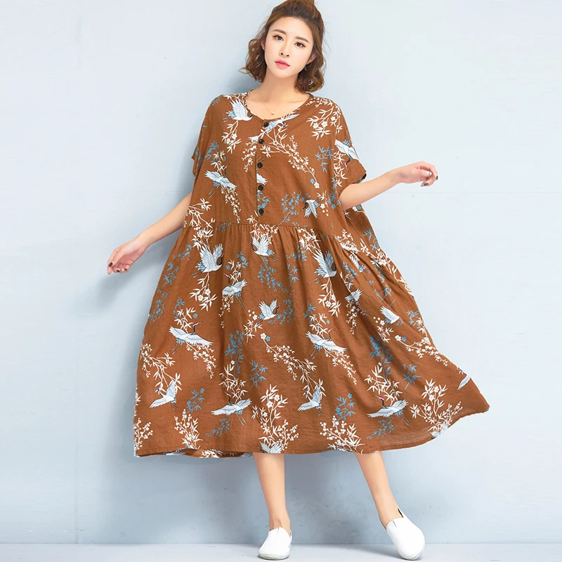 Women Dress Summer Plus Size Cotton and Linen dress 2018 Batwing Pattern Prairie Chic Female 