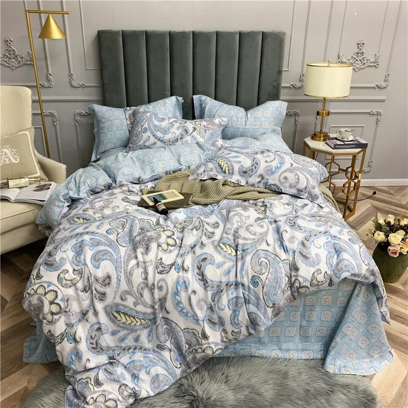 

Luxury Tencel Linen Classic Printed Bedding Set Super Breathable Soft Duvet Cover Sets Queen King Size 4Pcs Inhibiting bacteria