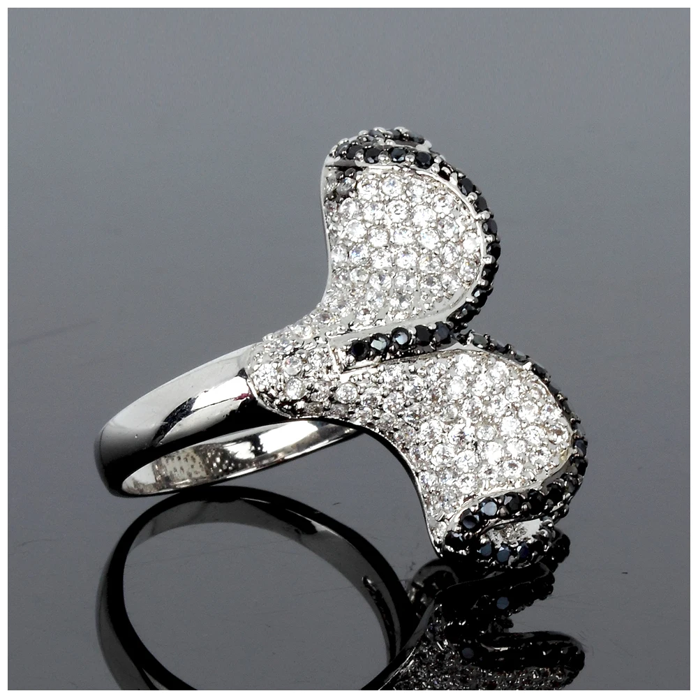 DreamCarnival 1989 Mystery Flower Rings for Party Jewelry Clear White and Black Stones Rhodium Color Mujeres Anillo SJ09144JT