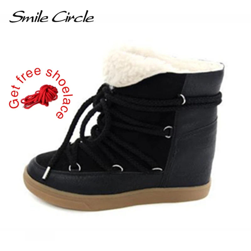 Sonrisa círculo mujer botas de invierno zapatos ocultos botas cuñas ascensor de encaje zapatos casuales para mujeres tobillo botas de cuña zapatillas de deporte - 1