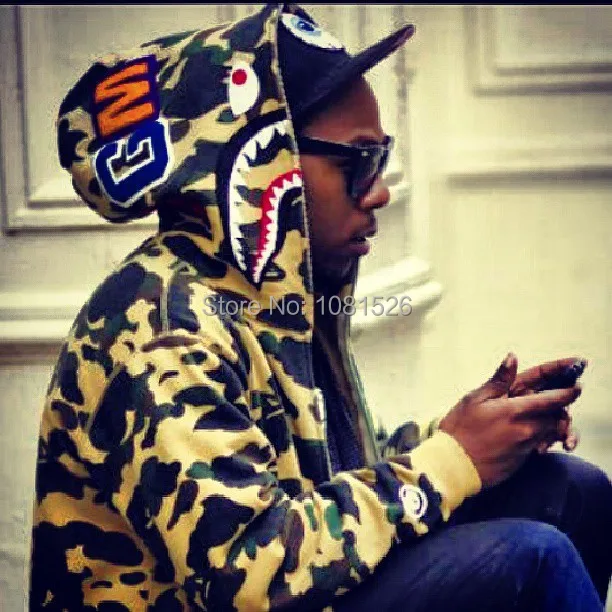 bape shark hoodie on person