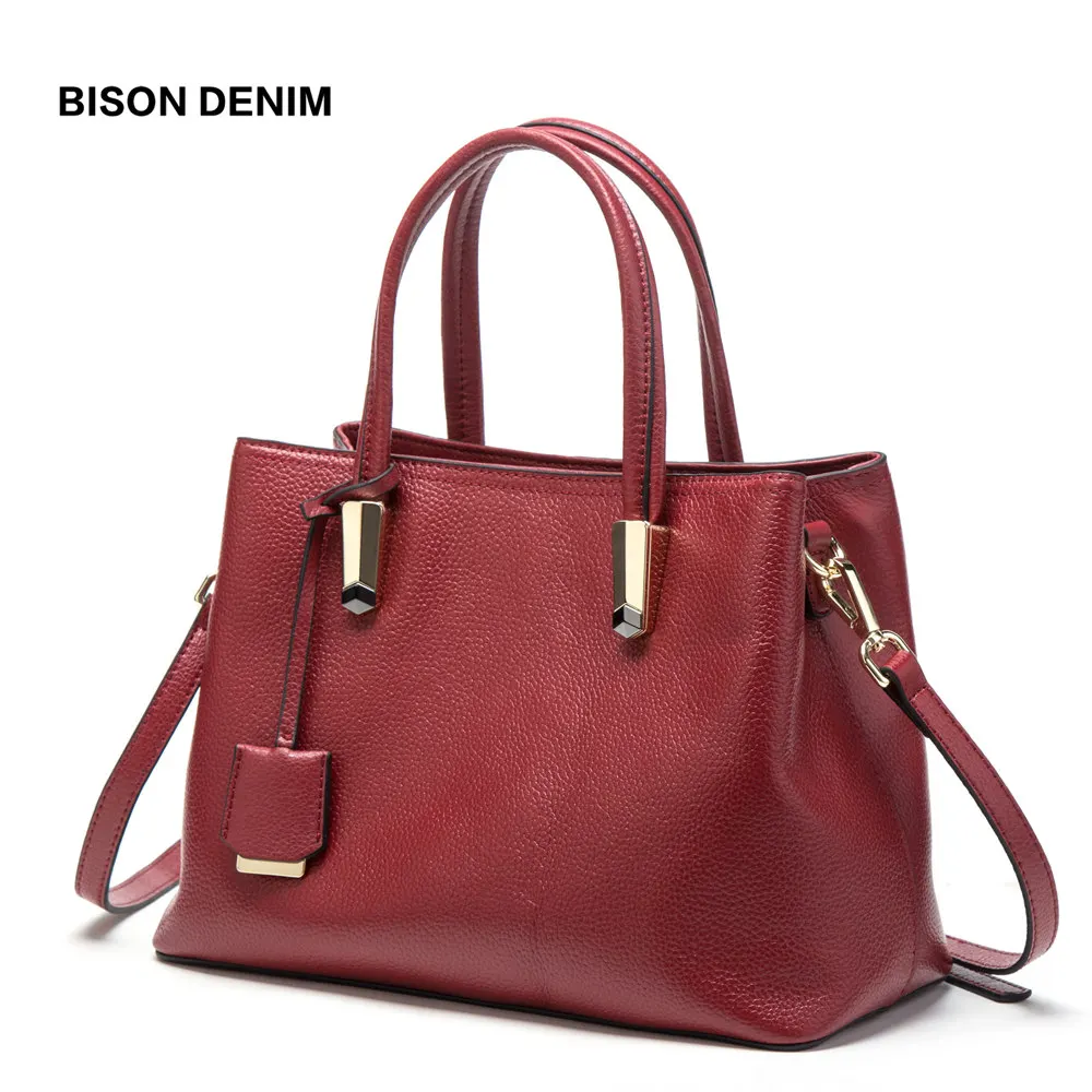 

BISON DENIM Luxury Red Tote Bag Women Handbags Cowskin Genuine Leather Handbag Large Capacity Bag Sling Bags For Women N1484