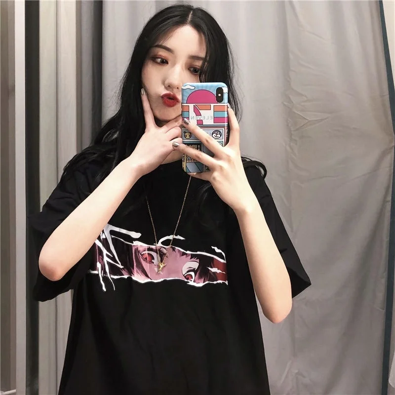 HAHAYULE корейская мода Ulzzang черная футболка с лицом аниме стиль Харадзюку оверсайз