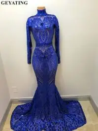 Шикарные Серебристые платья с блестками и длинным рукавом в стиле русалки, королевские синие платья для выпускного вечера, длинное выпускное платье, африканские вечерние платья - Цвет: Royal Blue
