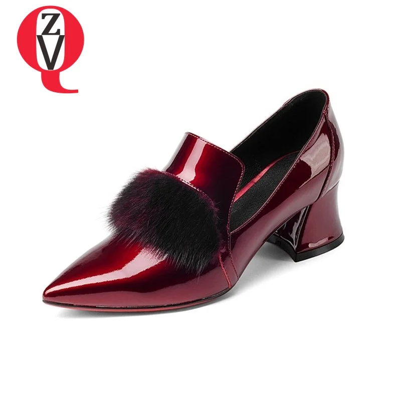 

ZVQ pointed toe female mink fur decoration noble patent leather shoes for woman graceful curve design solid spring pumps