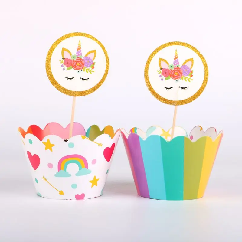 

Double-sided Rainbow Cartoon Unicorn Cupcake Wrappers Toppers For Kids Party Birthday Decoration Cake Cups (12 wraps+12 topper)