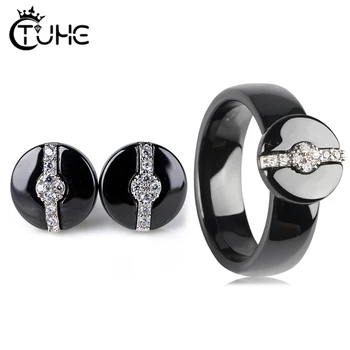 

Fashion Bridal Women Jewelry Set Crystal Rhinestone Black White Health Ceramic Circle Earring Rings Jewelry For Girls Party Gift