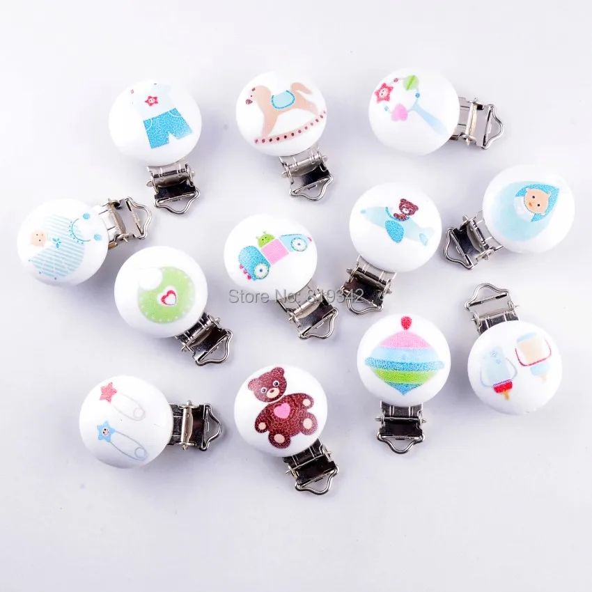 

10 Baby Pacifier Clips Mixed Pattern White Wood Metal Holders Cute Infant Soother Clasps Funny Accessories 4.4x2.9cm