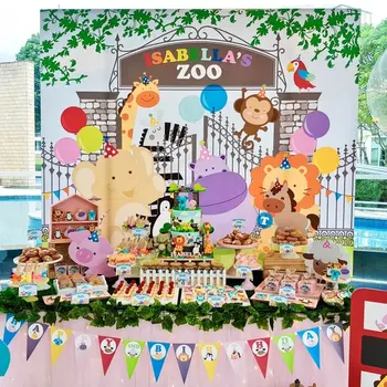

Custom Animal Zoo Giraffe Lion Hippo Zebra Penguin Monkey Balloon photo backdrop Computer print party background