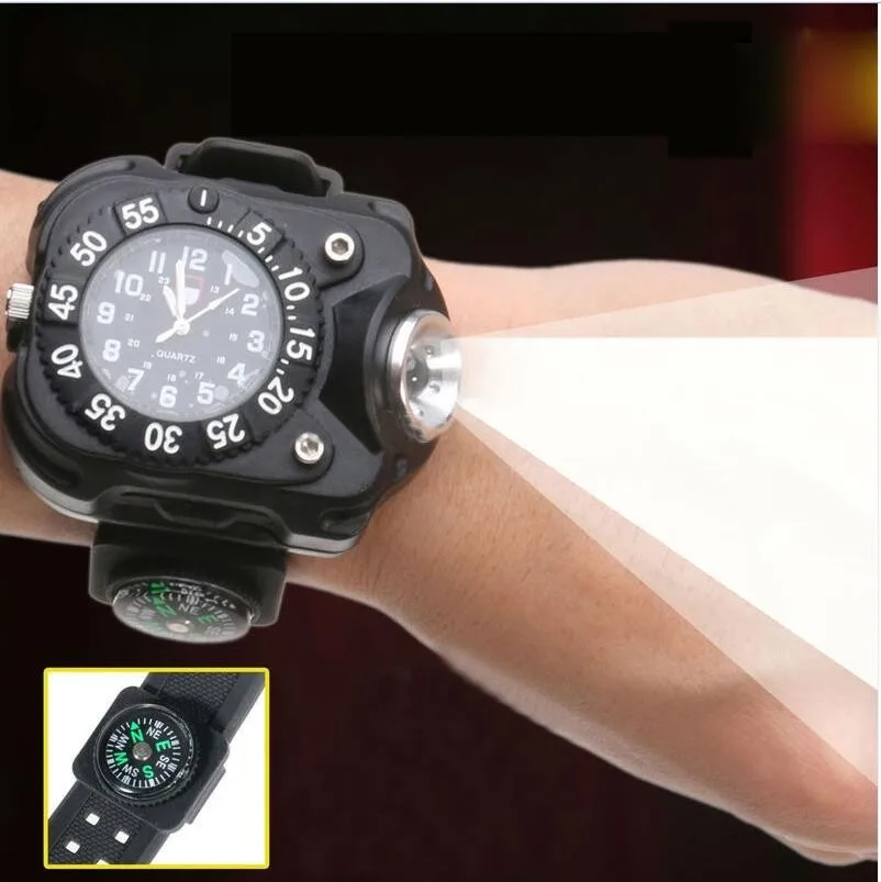 Multifunction USB Rechargeable Wristwatch Lamp Wrist LED Flashlight Watch Light with Compass Bracelet Torch for Night Running