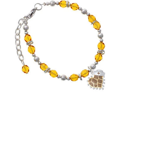 Brown Giraffe Print Heart with Nurse Hat Yellow Beaded Bracelet
