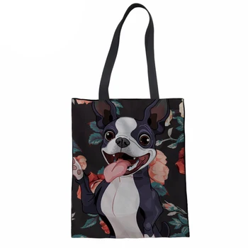 

Canvas Tote Bag Handmade Boston Terrier 3D Printing Cotton Shopping School Travel Women Folding Shoulder Shopping Bags