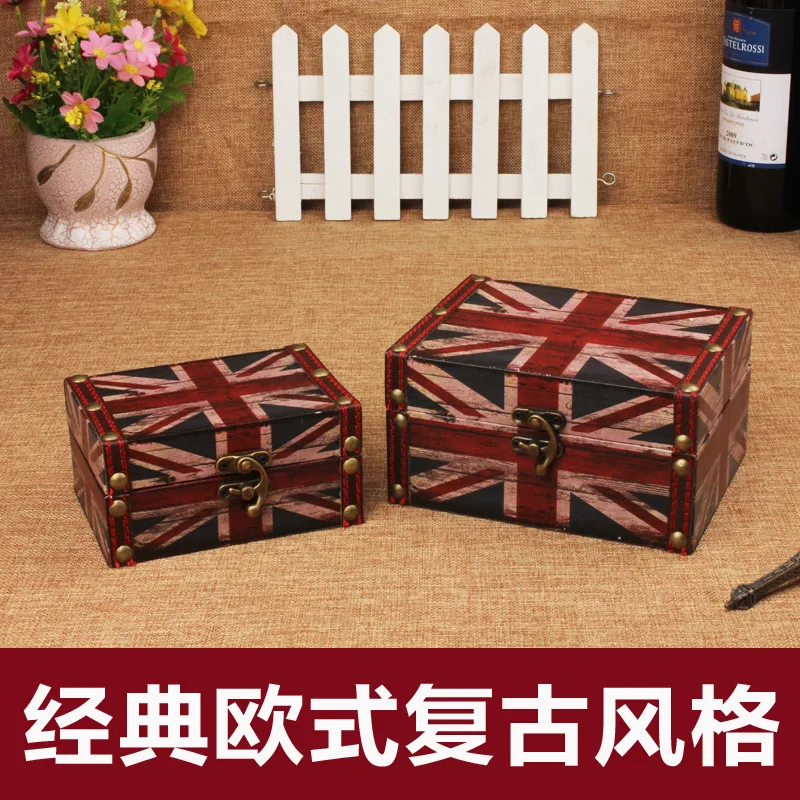 

Union Jack retro antique wooden storage box leather storage box cosmetic box British style storage box wholesale