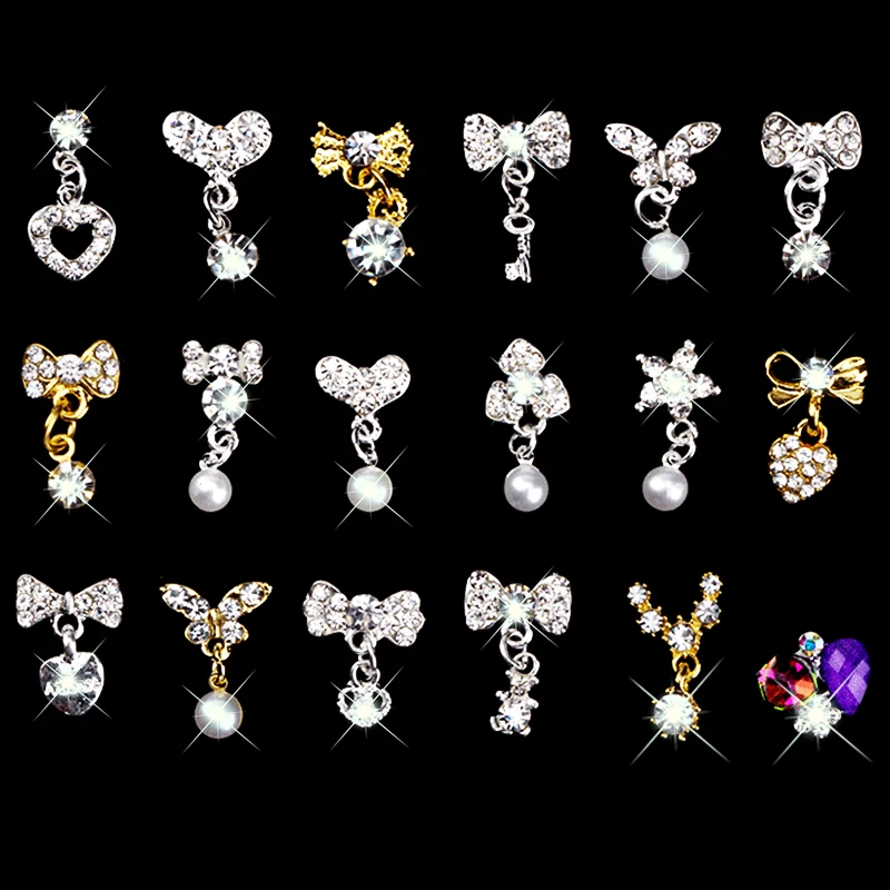 Silver Gold Color 3D Nail Art Decorations With Rhinestone Pearl Pendant Mixes Butterfly Heart Bow Tie Rhinestones LRX | Красота и
