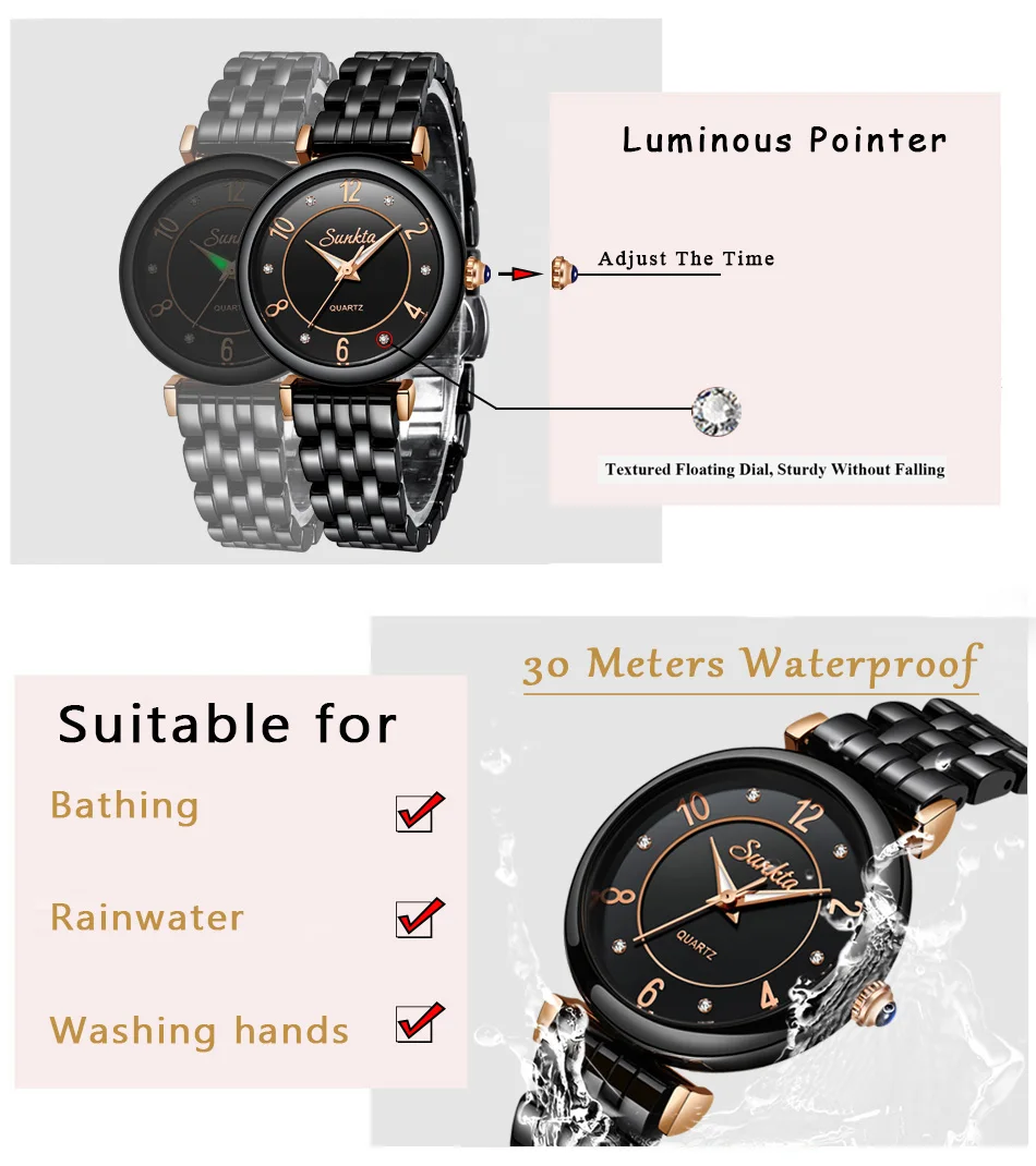 SUNKTA горячие женские часы Роскошный бренд подарок черные женские часы Мода/платье наручные часы водонепроницаемый простой стиль Reloj Mujer