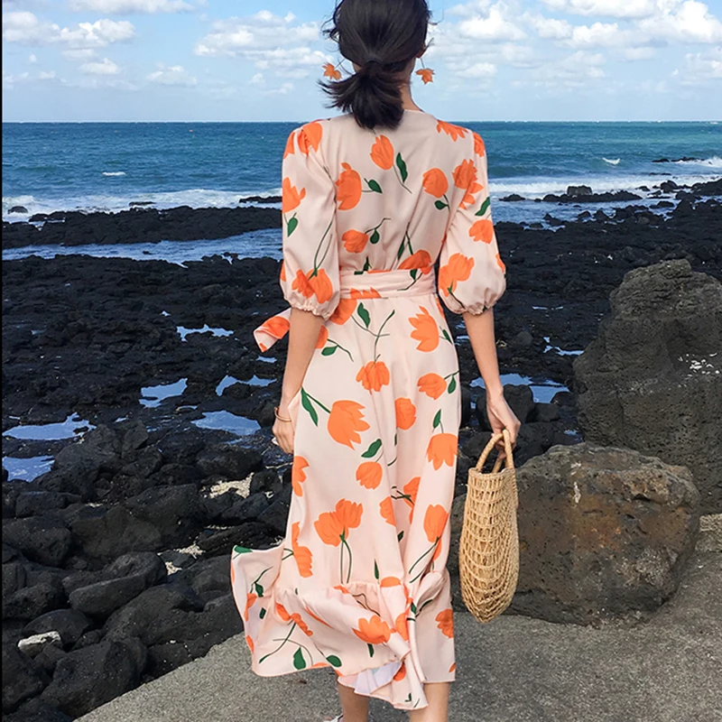 Summer Women Floral Print Sundress Elegant Lady Tea Break Satin Dress Vacation Casual Vintage Midi Tropical Cute Beach Dress New Summer Women Floral Print Sundress Elegant Lady Tea Break Satin Dress Vacation Casual Vintage Midi Tropical Cute Beach Dress New