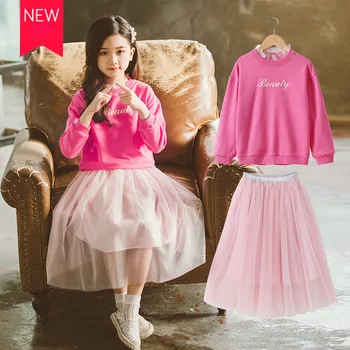 

Girls Clothing set 2019 Autumn Girls Clothes Long Sleeve Pink Sweater Mesh Skirt Suit Children Costume Kids Tracksuit 10 12Y