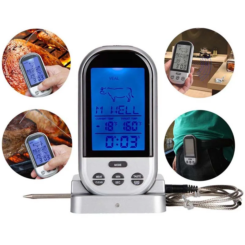 Digital Meat Thermometer LCD Wireless Remote Kitchen Oven Food Cooking