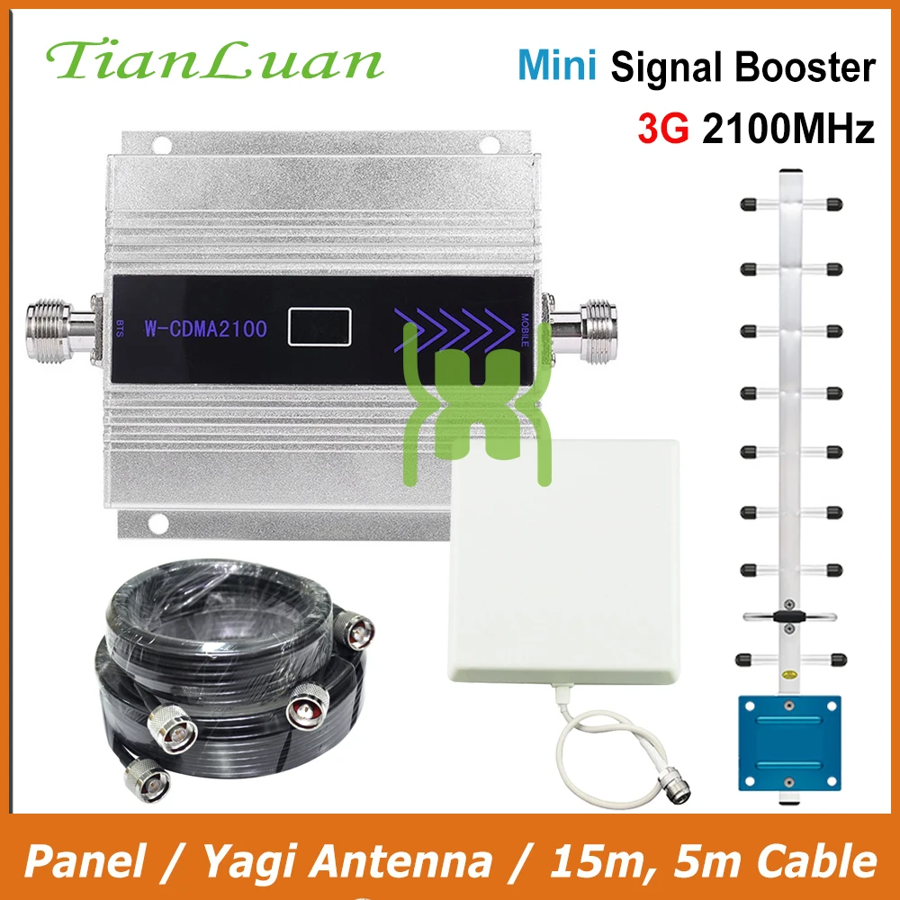 

TianLuan Mini W-CDMA 2100MHz Signal Booster 3G Mobile Phone Signal Repeater with Panel Antenna / Yagi Antenna / 15m 5m Cable