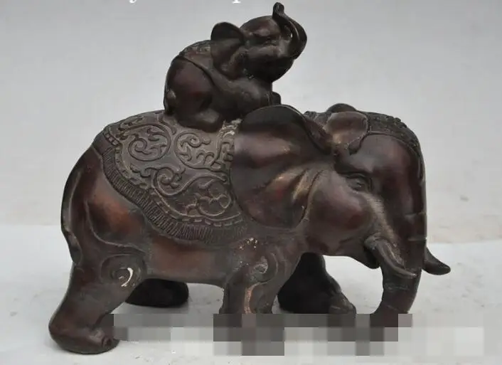 

S00564 7"Chinese Fengshui Bronze wealth Elephant Auspicious Mother Son Animal Statue (B0413)