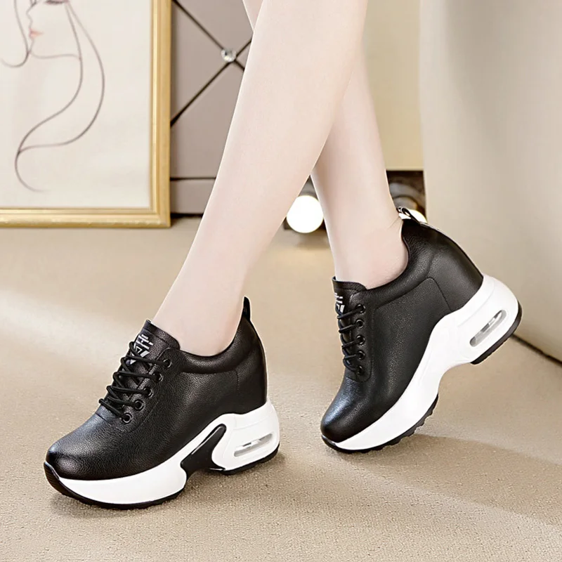 Обувь, увеличивающая рост на 10 см; женские кроссовки из натуральной кожи; коллекция года; Модные женские кроссовки; Цвет черный, белый; A1127 - Цвет: Черный