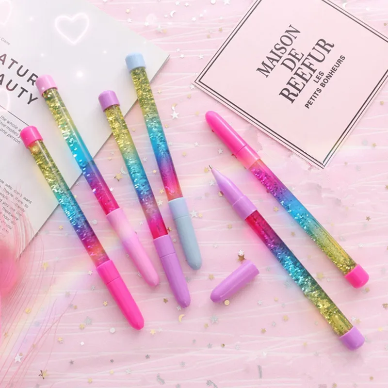 buy Cute 0.5mm Fairy Stick Ballpoint Pen Drift Sand Glitter Crystal Pen Rainbow Color Creative Ball Pen Kids Gift Novelty Stationery
