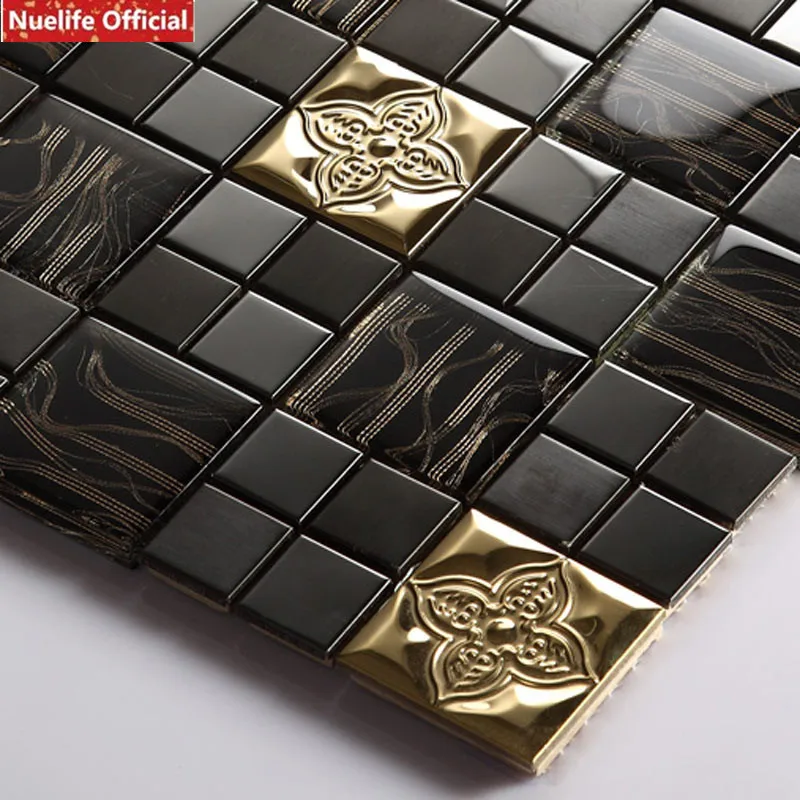 Golden Flower Mosaic 3D Wall Sticker Crystal Glass Stainless Steel Tile Living Room Bar Kitchen Bathroom Decorative Wall Sticker