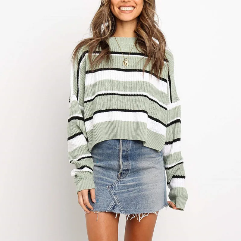 

Striped Knitted Sweaters Tops 2019 New Autumn O Collar Short Casual Pullover Sweater Fashion Long Sleeved Women's Loose Sweater