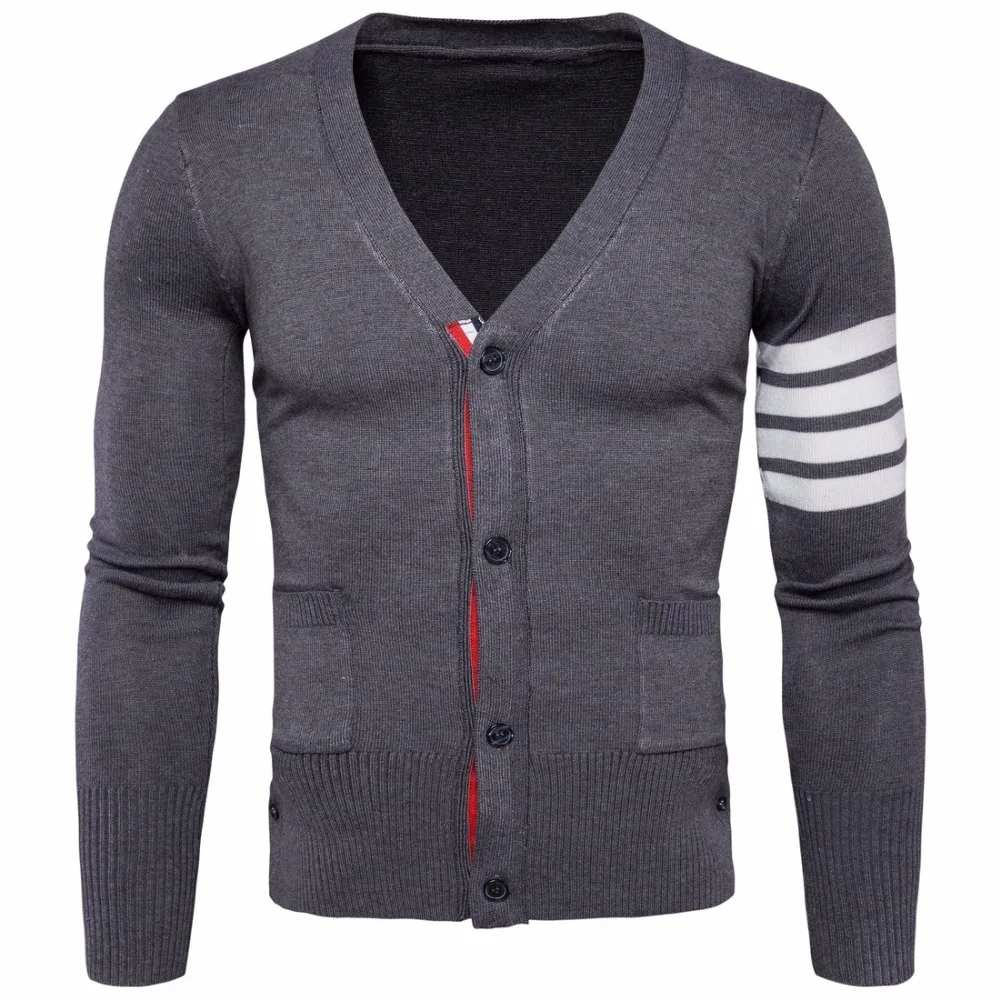 2017 New Arm Stripe Mens Cardigans Sweater V Neck Single Breasted Autumn Winter Brand Wool