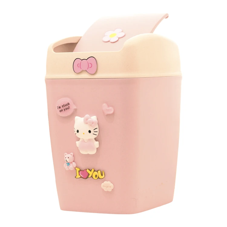 

Hello Kitty Garbage Cans Wheat Straw Material Cartoon Cute Household Trash Can with Lid Kitchen Bathroom Car Waste Bin Pink/blue