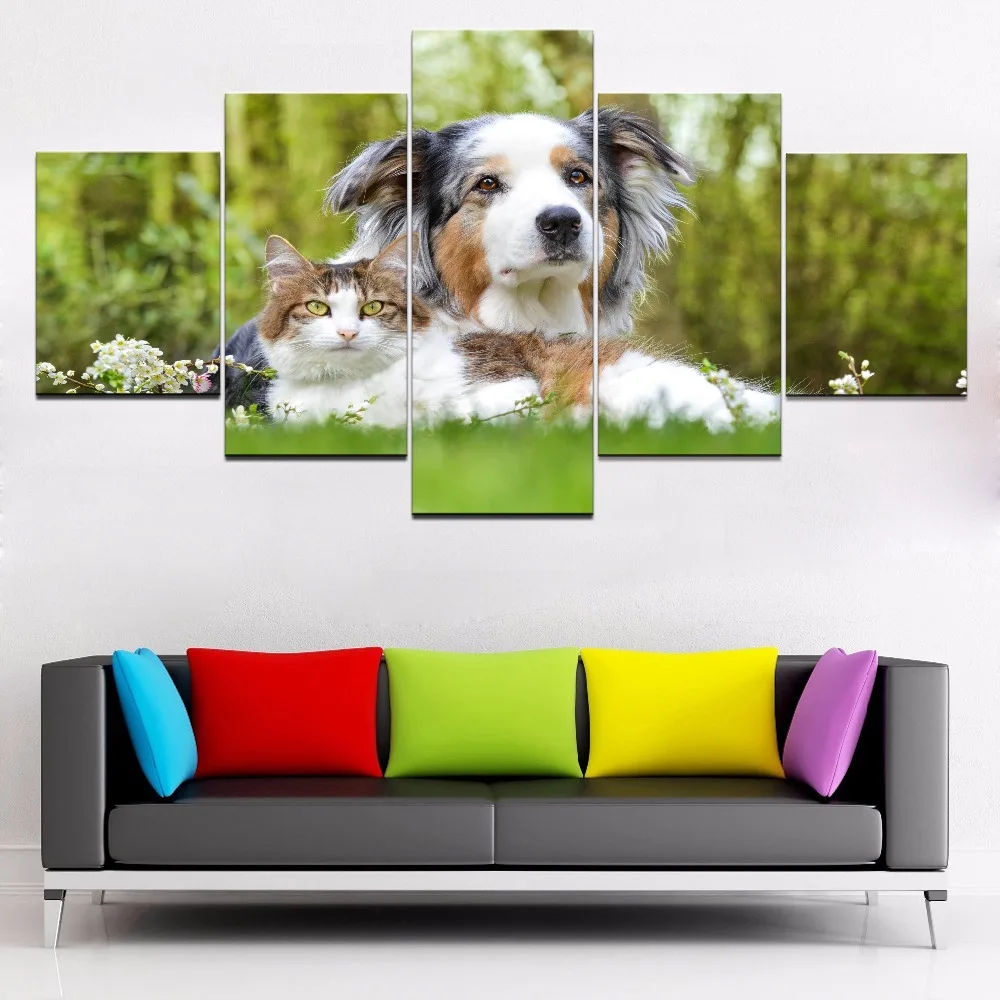 Framework Pictures Home Decor Living Room 5 Panel Animal Cat Dog HD