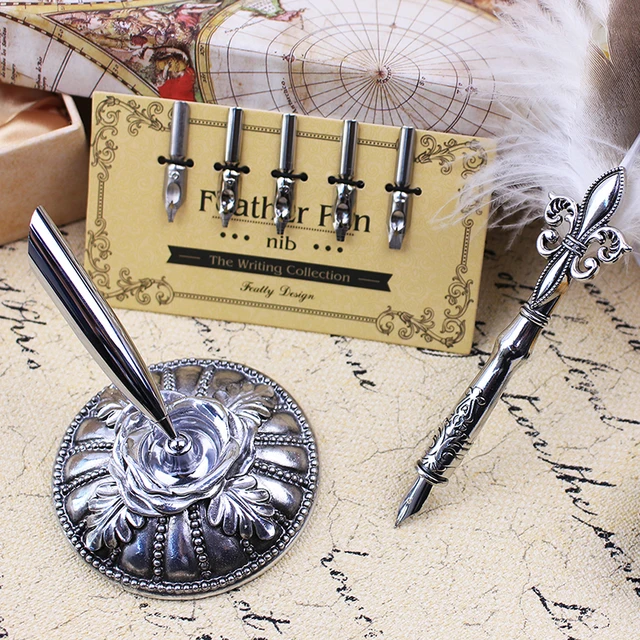 Vintage Colorful Feather Dip Pen Set Metal Nibs Inkwell Calligraphy - Fountain  Pens - AliExpress