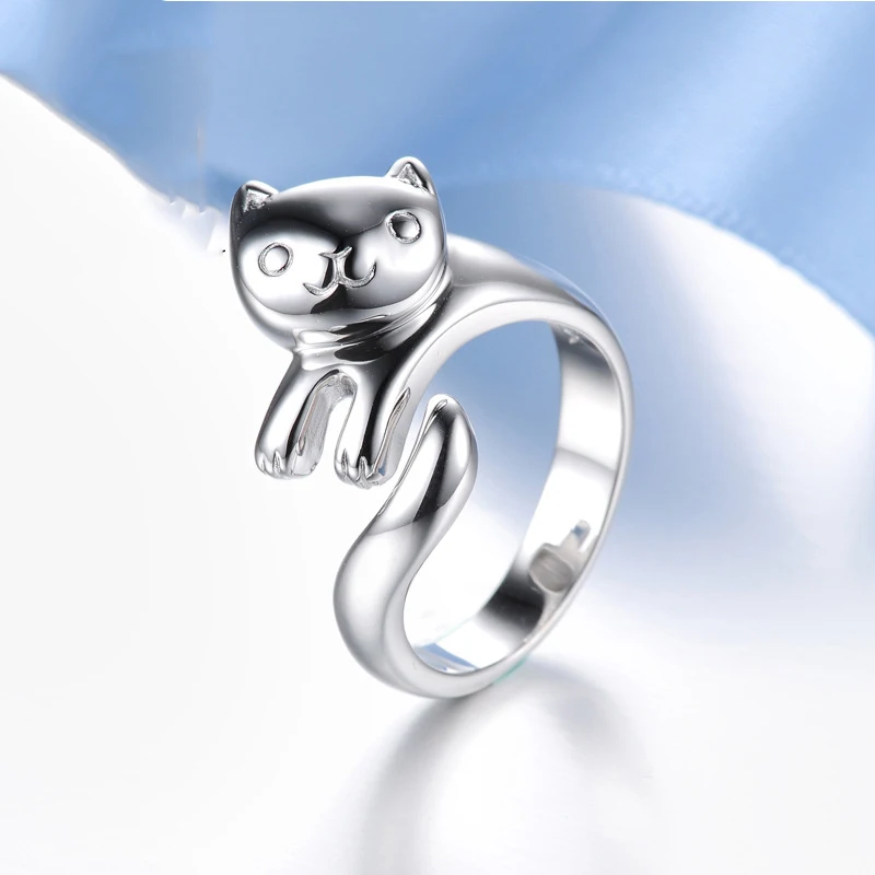 Женское кольцо с кошачьим котом Cute регулируемое животными из серебра 925 пробы