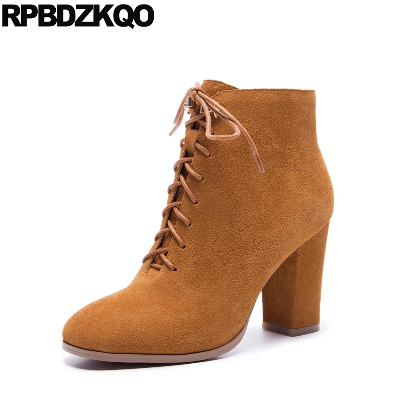 

Shoes Short Genuine Leather British Ankle Elegant Suede Luxury Brand Women Winter Boots Chunky Lace Up High Heel Brown Square