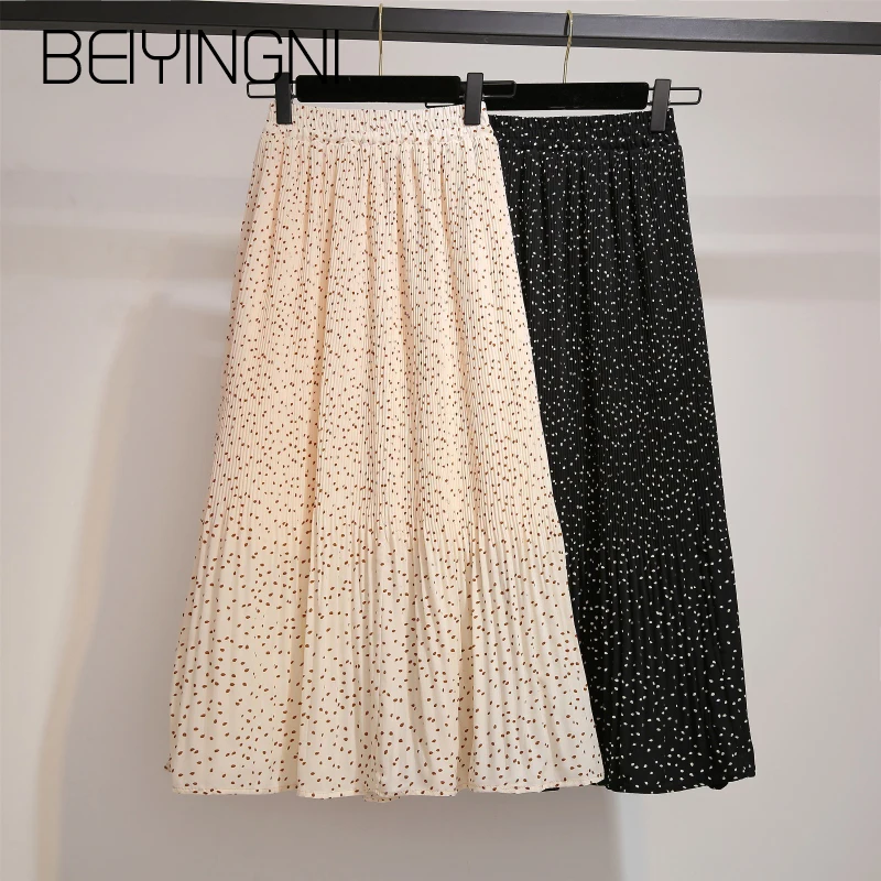 

Beiyingni Elastic Waist Fashion Tulle Skirt Womens Dots Printed Vintage Chiffon Saia Promotion Plus Size Pleated Midi Skirts OL