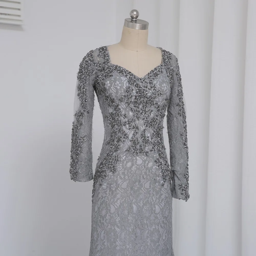 Mermaid V-Neck Long Sleeves Silver Lace Beaded Mother Of The Bride Dress in Mother of the Bride Dresses