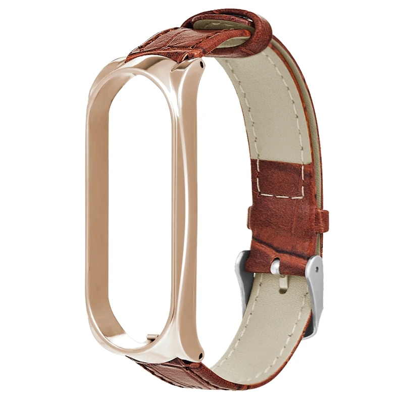 HANGRUI mi band 3 Кожаный ремешок Смарт-часы для Xiaomi mi band 3 умный Браслет для женщин и мужчин с металлической пряжкой бамбук черный коричневый - Цвет: brown rose gold case