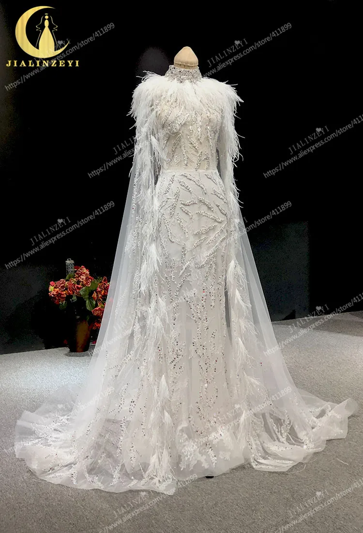 JIALINZEYI, сексуальное, Zuhair Murad, с высоким воротом, с бусинами, с перьями, Русалка, накидка, роскошное свадебное платье, свадебное платье