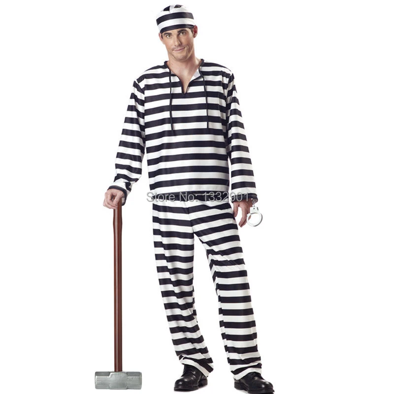 MENS CONVICT COSTUME STRIPED PRISONER JAIL ROBBER CRIMINAL FANCY DRESS OUTFIT