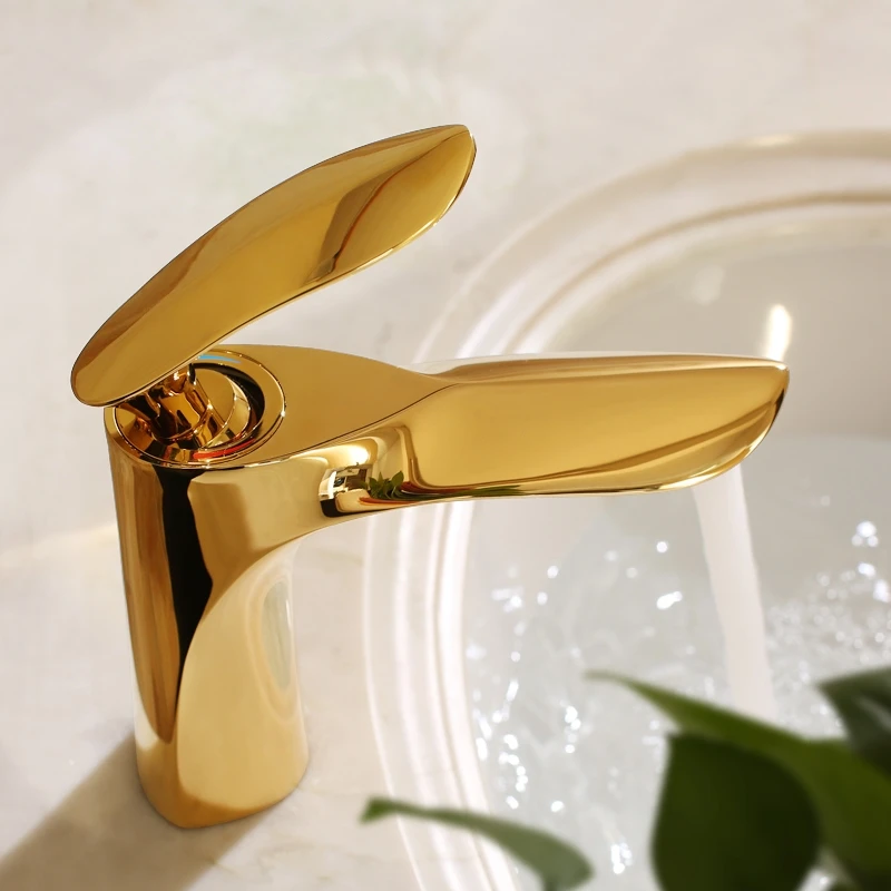 Modern Luxury Golden Finished Brass Faucet Bathroom Faucets Single Handle Cold and Hot Water Mixer Sink tap High Basin Faucet