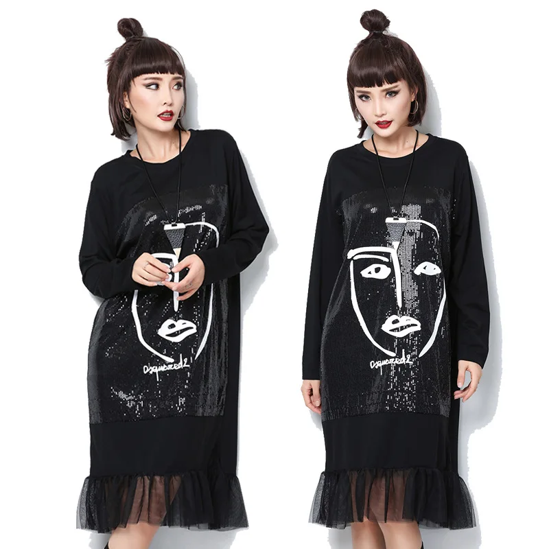 2019 spring and autumn fashion ruffled print small dress loose women's mesh patchwork sequin dress sequin dress