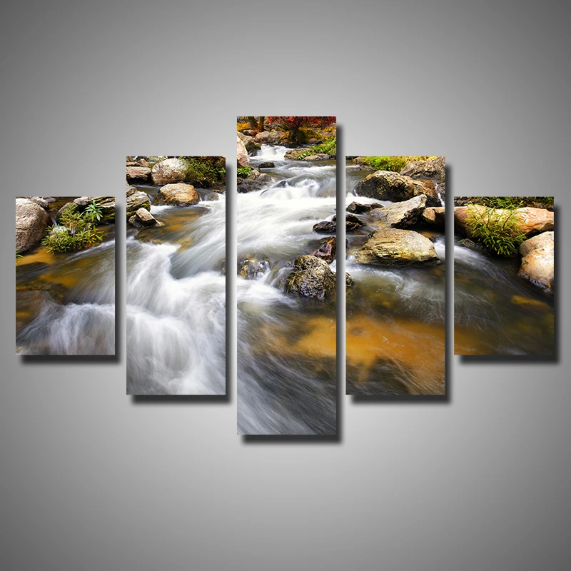 5 Pieces Multi Panel Canvas Wall Art Torrent Water Nature Scenery Paintings For Living Room Wall