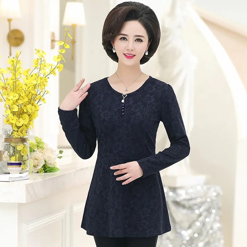 Spring New Middle-Aged Women Tops& Tees O-Neck Fashion Print Thickening Long T Shirt Women T363