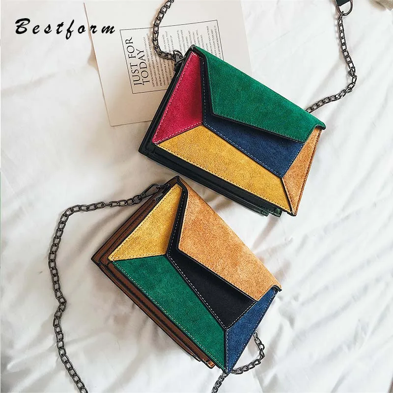 

New Spring and Summer Faux Suede Bag Women Hit Color Cross Body Bags Fashion Irregular Geometric Patchwork Bag For Ladies