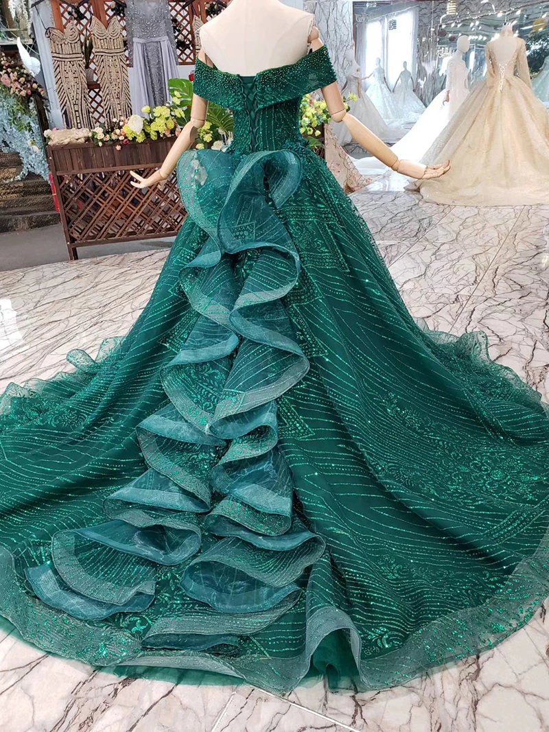 HTL240 robe de soiree green lace evening dresses long off the shoulder beaded sweetheart A-line formal party dress court train