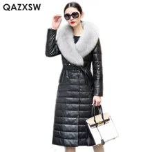 QAZXSW куртка из натуральной кожи Новая зимняя Женская длинная куртка с воротником из лисьего меха размера плюс кожаная куртка из овчины LH1275