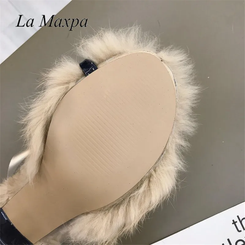 La MaxPa/осенне-весенние тапочки ПВХ с кроличьим мехом; флисовая прозрачная обувь с открытым носком на высоком каблуке-шпильке; модная обувь