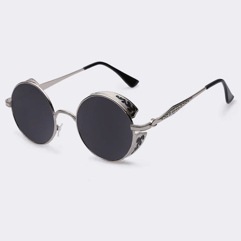 AOFLY Стильные женские и мужские солнцезащитные очки унисекс, в стиле панк, в круглой форме и необычном дизайне, в металлической оправе и зеркальным покрытием линз, защита от УФ лучей - Цвет линз: C02gray