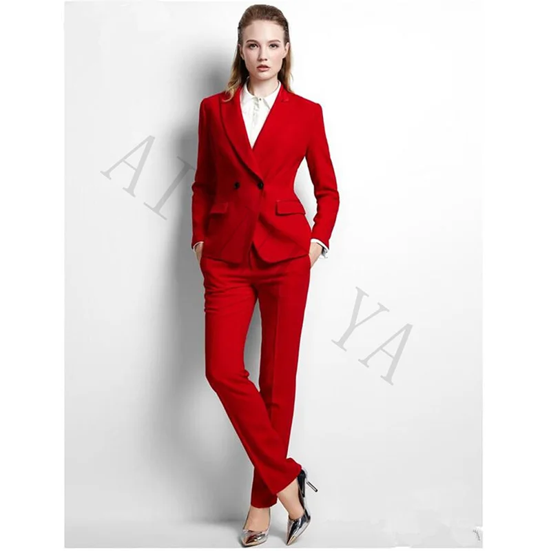 53-1 Jacket+Pants Womens Business Suits Red Double Breasted Female Office Uniform Formal Evening Prom Party Slim Ladies Trouser Suit