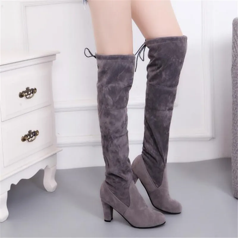 LAIDILANGTU/новые женские ботфорты из флока пикантная женская обувь на высоком каблуке со шнуровкой зимние сапоги на шнуровке теплые размеры 34-43